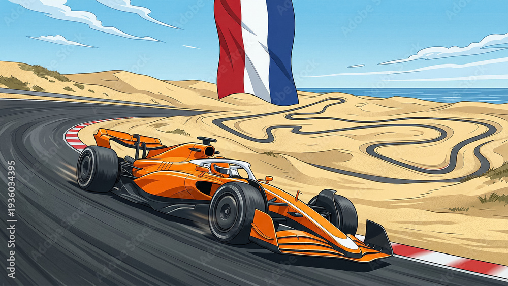 Obraz premium orange formula one racing car driving on zandvoort track with netherlands flag dunes and sea in the background under blue sky