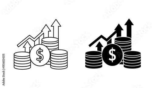 Black and white line icons of growing money and finances with arrows