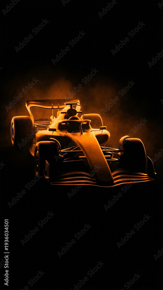 Fototapeta premium spectacular silhouette of a formula 1 racing car shrouded in orange smoke or fog on a deep black background highlighting aerodynamics and power