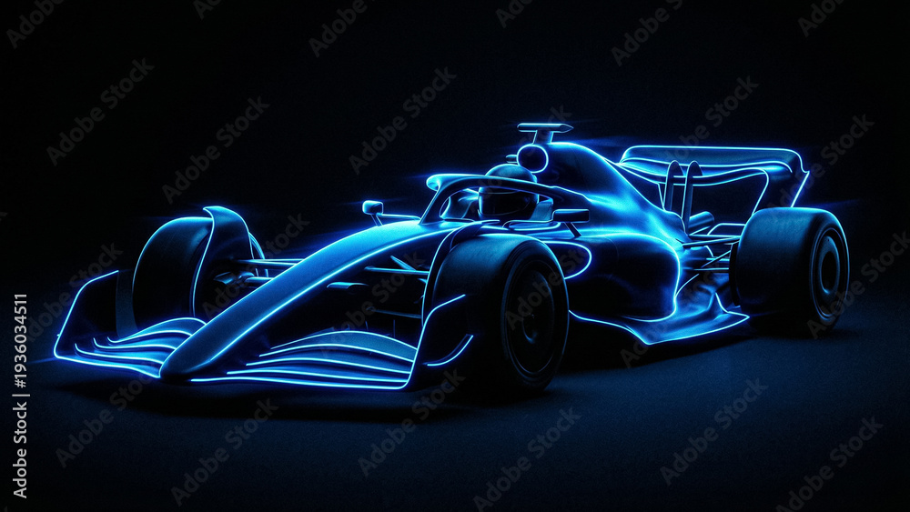 Naklejka premium futuristic formula 1 car concept in blue neon glow highlighting the streamlined shapes and wheels of the racing vehicle in the dark background