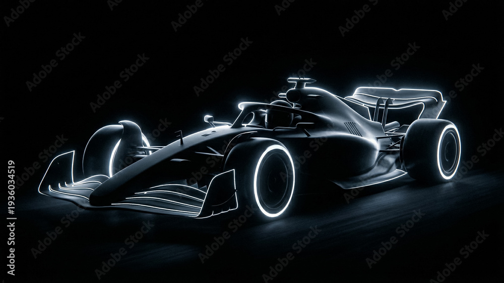 Fototapeta premium elegant black and white neon silhouette of a formula 1 racing car where white glowing lines emphasize wheels and front spoiler on black background