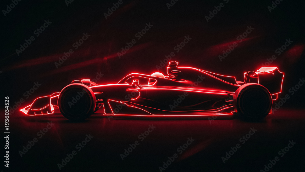 Obraz premium profile of a formula 1 racing car outlined with bright red neon lines on a black background creating a futuristic image of speed and technology