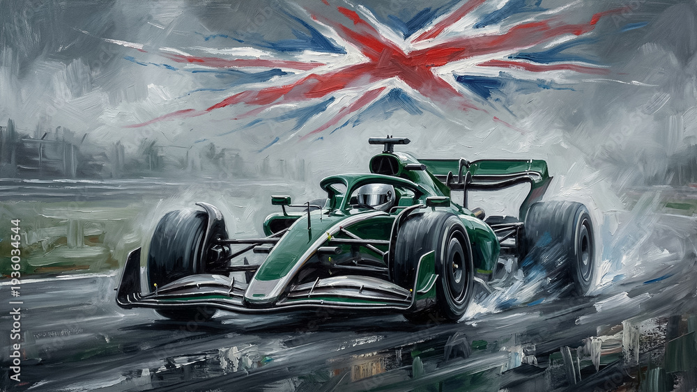 Fototapeta premium powerful green bolide on the racing track against the background of a stylized british flag made with broad brush strokes speed effect and water splashes emphasize race tension art