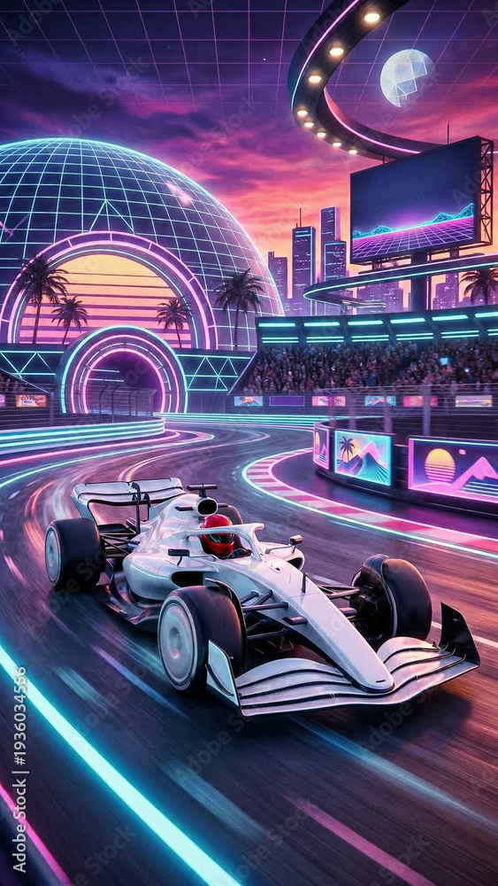 Fototapeta premium futuristic night race in retrowave style white bolide rushes along the track with neon lights in the background a huge dome and skyscrapers in purple and pink sunset tones night city