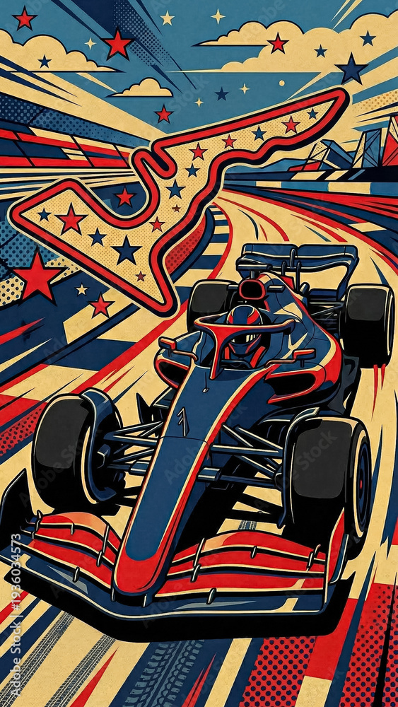 Fototapeta premium bright pop art style poster with an image of a bolide and a racing track decorated with stars and stripes in the colors of the american flag dynamic lines and dot raster effect