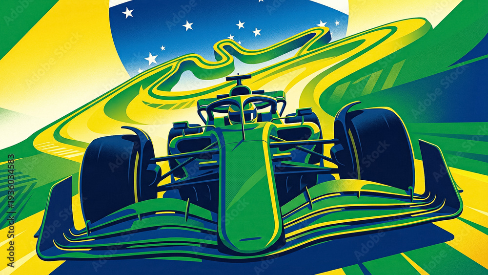 Fototapeta premium illustration of a formula 1 racing car on the background of the brazilian flag and a winding track with bright green and yellow colors emphasizing national identity and dynamics