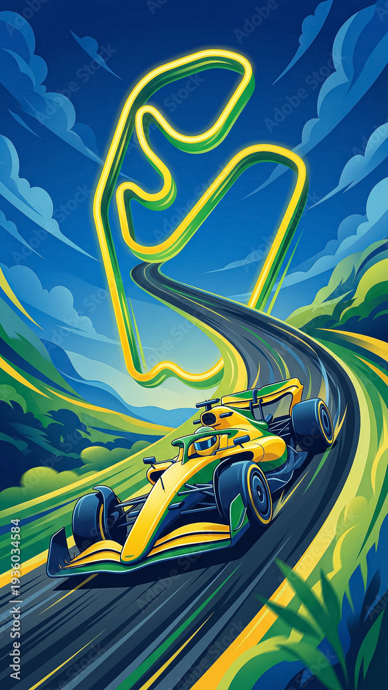 Naklejka premium vertical poster with an image of a bolide going up a winding track that glows with neon yellow light against the background of brazilian landscapes and mountains bright colors