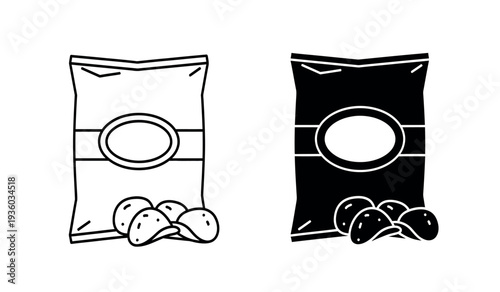 Black and white illustration of two snack bags with chips