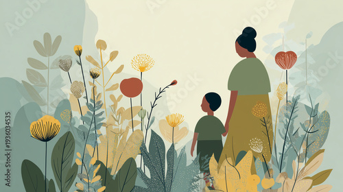 Flat naive cartoon illustration of a mother and son in a flower garden, ideal for Mother's Day cards or children's book covers. Copy space