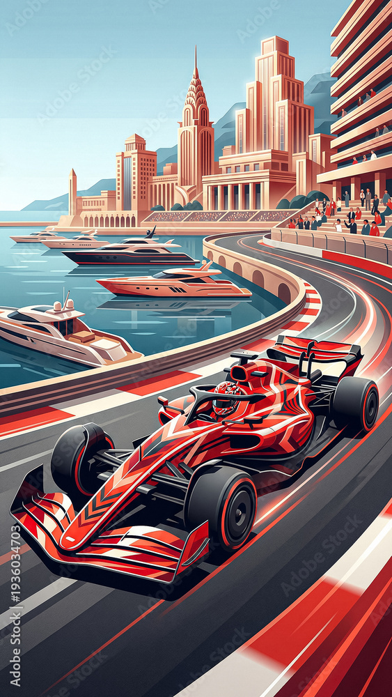 Fototapeta premium vertical poster of a red racing car on the embankment surrounded by grandstands with fans yachts and tall city buildings in a bright sunny daytime composition.