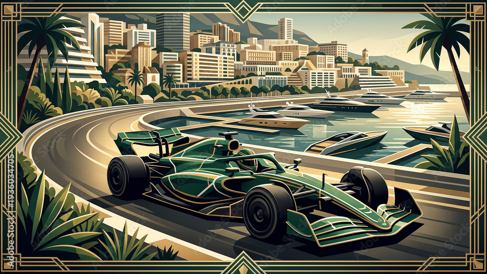 Fototapeta premium green racing car with gold details framed by palm trees against a resort city and sea bay background featuring elegant illustration in a classic luxury style.