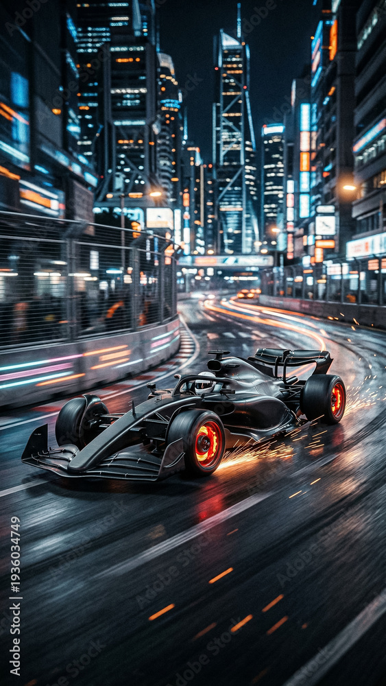 Fototapeta premium formula 1 car racing at night through neon city with sparks flying from under wheels and hot brakes