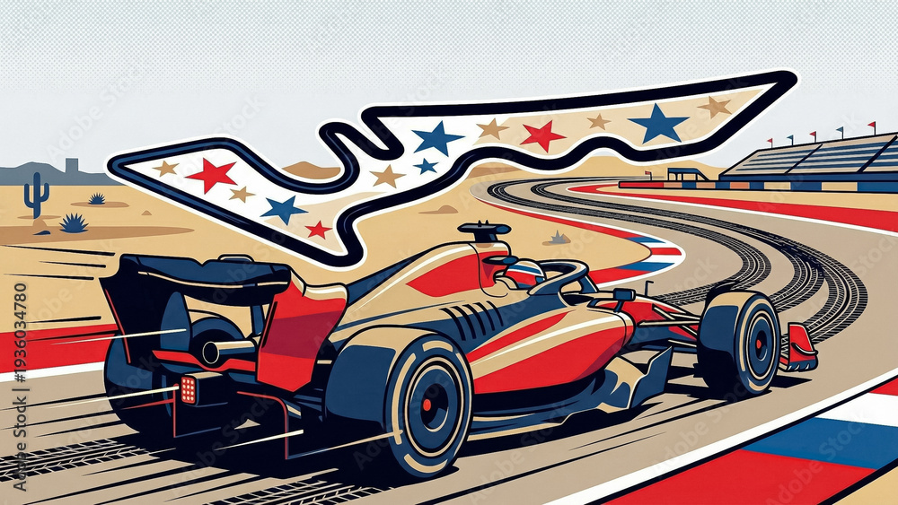 Fototapeta premium pop art illustration of formula 1 car racing on stylized track map with american stars in desert