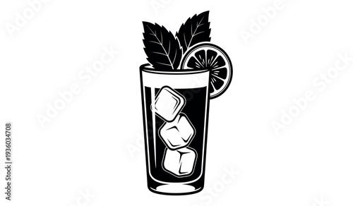 Black and white illustration of a cocktail glass with ice cubes and a slice of lemon and leaf