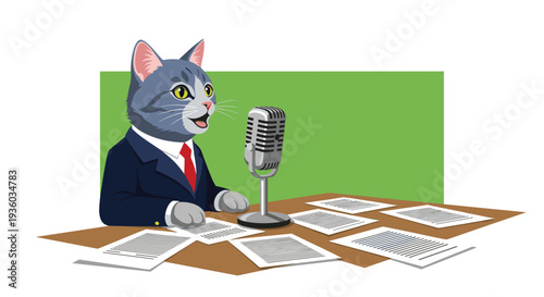 An anthropomorphic gray tabby cat in a blue suit speaks into a retro microphone at a brown table with papers against a green background.