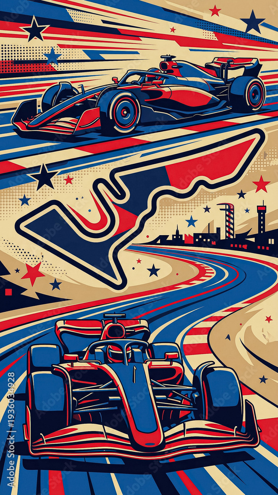 Fototapeta premium vertical pop art style poster with two racing cars on a winding track featuring a stylized outline of the austin race circuit with bright stars and stripes in american patriotic style