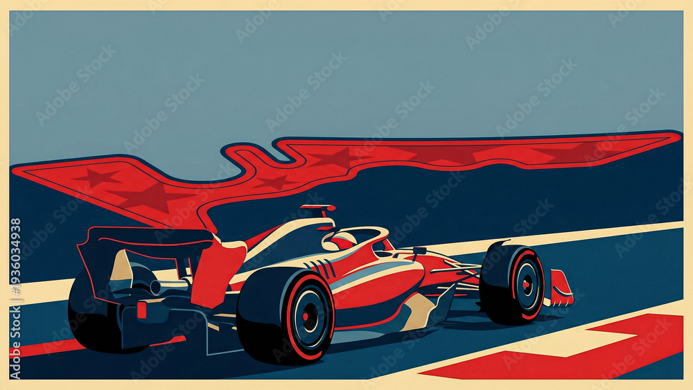 Fototapeta premium minimalist retro poster depicting a racing car going into the distance on the track with a stylized red outline of a racing circuit with stars against a calm blue sky background