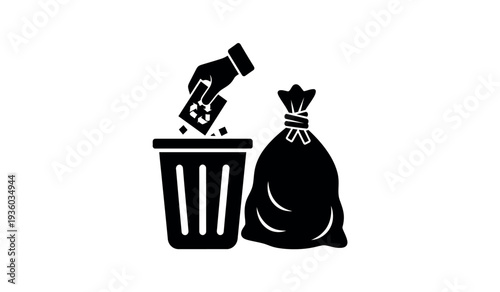 Black silhouette of a trash can and garbage bag with a hand throwing away a bottle