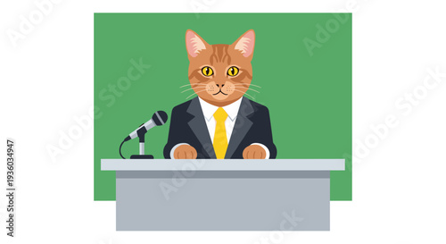 An anthropomorphic orange tabby cat in a dark suit and yellow tie stands behind a gray podium with a microphone against a green background.