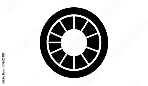 Black and white wheel icon with a circular design and spokes
