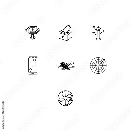 Urban air mobility and eVTOL infrastructure linear icon set, air taxi, vertiport and autonomous flight control vector symbols