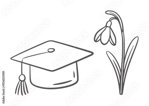 Graduation cap and snowdrop flower simple line mortarboard tassel