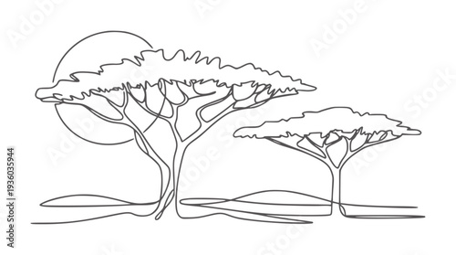 Minimalist line of two acacia trees and a sun