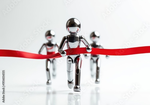 3D chrome figure crossing the finish line first with a red ribbon, AI generated.