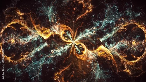 Fractal abstract; orange and teal tendrils spiral from a central point on a black background
