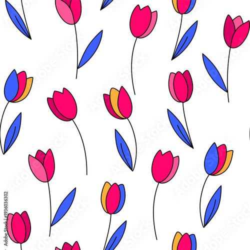 Pink and purple line tulips seamless pattern. Flower bloom, garden background. Spring nature decoration. White background. Outline flowers art.