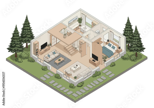 Isometric View of Modern House with Garden and Trees