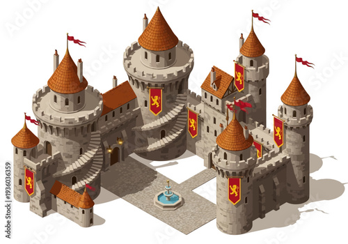 A majestic medieval castle with towers and flags stands proudly on a plain, viewed from above