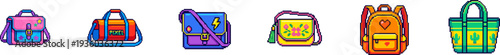 Collection of pixel art bags and backpacks icons on white background