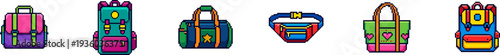 Set of pixel art bag and backpack icons isolated on white background