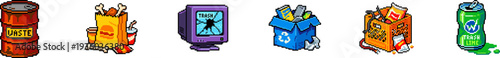 Pixel art icons of waste bins and electronic junk on white background