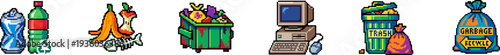Pixel art icons of waste bins and junk items on white background