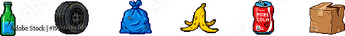 Collection of pixel art trash and recycling icons on white background