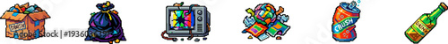 Pixel art icons of household garbage and electronic waste