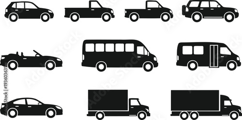 Collection of diverse black vehicle icons including cars vans and trucks isolated on transparent background