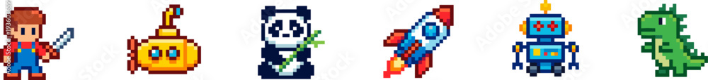 Fototapeta premium Set of pixelated toy icons featuring a warrior, panda, and robot