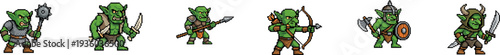 Pixel art green goblin characters in square white frames