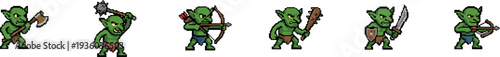 Set of pixel art green goblin characters with various weapons