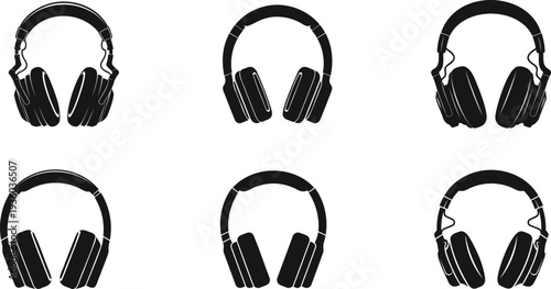 Collection of various black silhouette headphone icons with adjustable headbands and earcups isolated on transparent background
