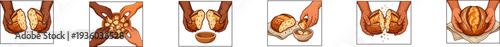 Hands breaking and sharing fresh bread in symbolic religious scenes