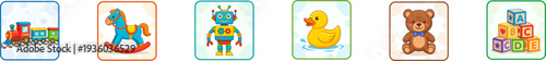 Set of colorful children's toy icons in square frames