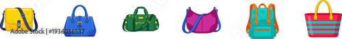 Set of diverse colorful bags including backpack satchel and handbags