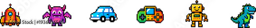 Set of pixelated toy icons featuring a rocket, robot, and dinosaur