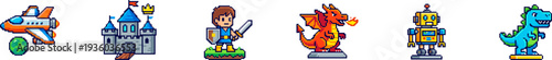 Set of pixelated toy icons featuring a dragon, castle, and robot