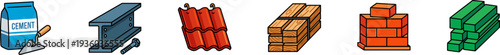 Set of construction material icons including cement steel and bricks