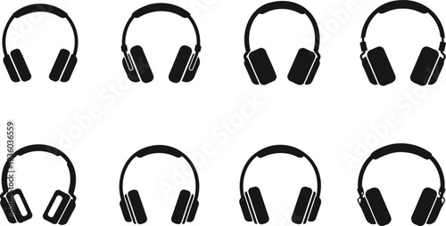 Collection of eight black simple silhouette style headphones displayed in two rows for audio listening